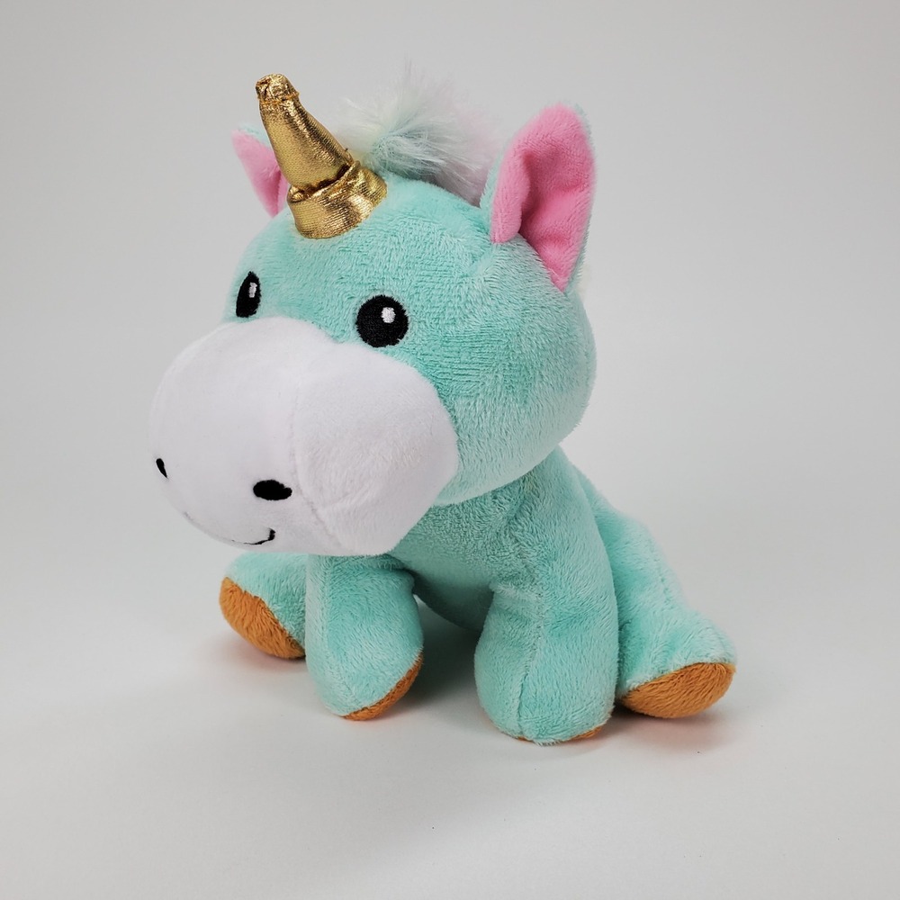 Burton + Burton Mint Green Unicorn Plush Gold Horn Rainbow Mane 7" Stuffed Toy